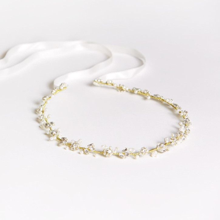 LILLY Haarschmuck Haarband Gold mit Perlen und Blumen aus Straßsteinen