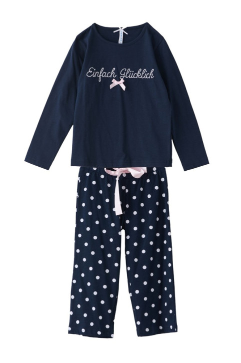 Louis & Louisa Mädchen Pyjama / Schlafanzug EINFACH GLÜCKLICH dunkelblau Pünktchen allover