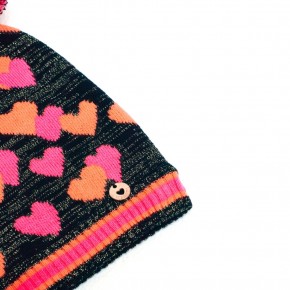 Mim-Pi Strick-Mütze Herzen schwarz pink mit zwei Bommel