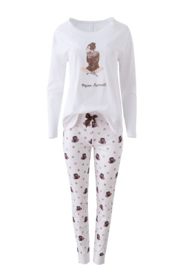 Louis & Louisa Damen Pyjama MEINE AUSZEIT "Mädchen mit Kaffee" weiß/braun allover